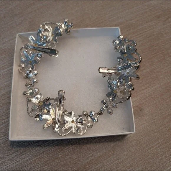 Bridal Wedding Tiara Headband W/ Floral  Rhinestones with 3 Hair Clips - Picture 6 of 8